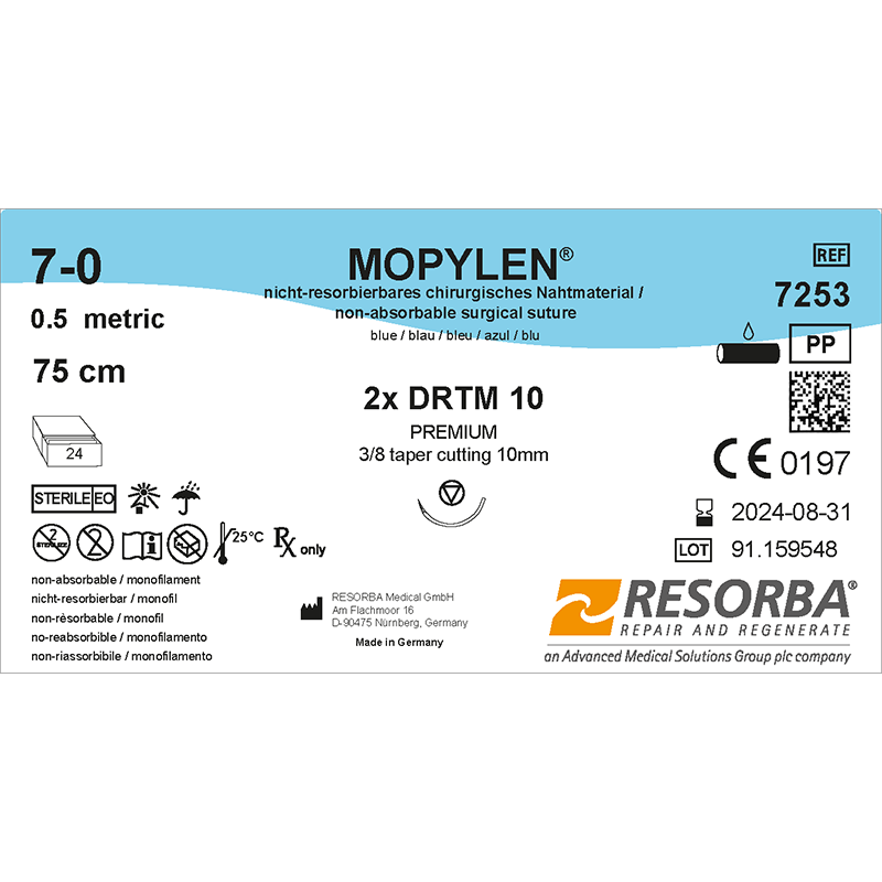 Мопілен USP10-0 синій, 20см, дві звор-ріж.шпател. прямі голки 16мм, типу преміум